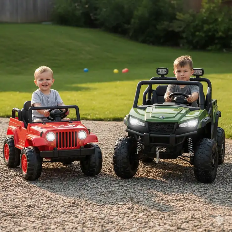 A side-by-side comparison of a 12V toddler jeep and a 24V kids utv on a gravel path. 12v vs 24v ride on toys