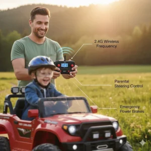 Illustration of a parent holding a 2.4G wireless remote used to steer 24V ride-on toys safely.