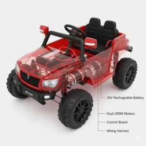 Technical illustration showing the dual motor setup and rechargeable battery inside 24V ride-on toys for kids.