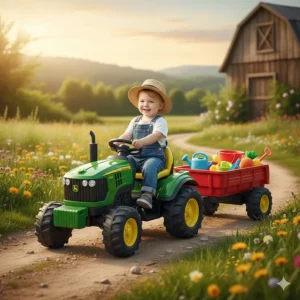 A green 24V ride-on toy tractor with a detachable trailer for hauling garden toys.