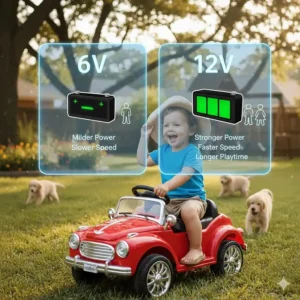 A comparison chart of 6V and 12V batteries used in toddler ride on toys explaining power levels.