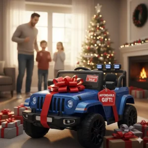 A 12v ride-on toy with a gift bow, highlighting affordable pricing from a clearance sale.