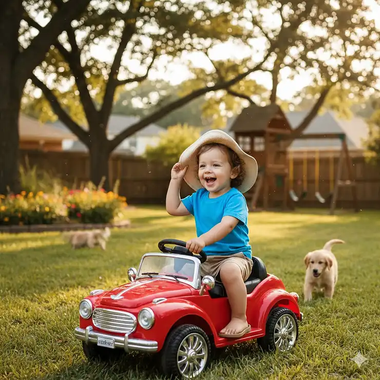 A smiling 2-year-old toddler driving a colorful battery powered ride on toy car in a sunny backyard. battery powered ride on toys for 2 year olds