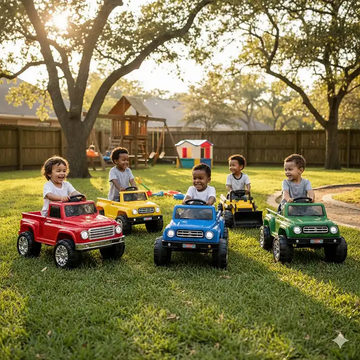 A group of children playing with various 12V ride on truck toys in a backyard setting.
