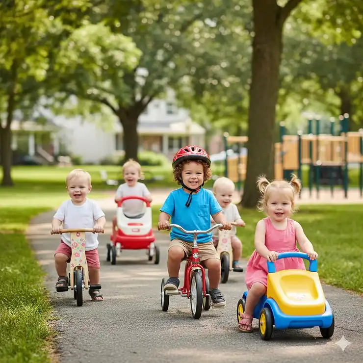 A group of toddlers playing outside on various colorful ride-on toys including a tricycle and a small plastic car. outdoor ride on toys for toddlers