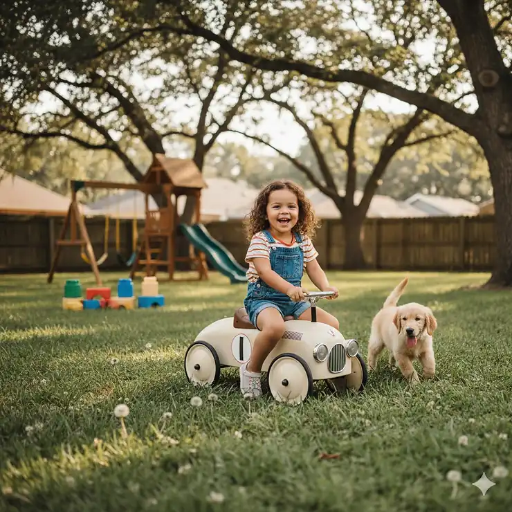 A happy toddler sitting on a colorful vintage-style foot-to-floor ride on toy in a sunny backyard. ride on toys for 2 year old