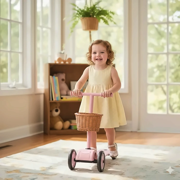 A happy toddler girl riding a pink vintage-style foot-to-floor scooter indoors. toddler girl ride on toys