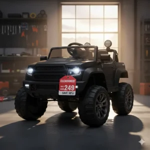 A 12v electric ride-on truck with a "Clearance" price tag showing significant savings.