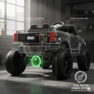 Technical drawing highlighting the dual motor setup in high-performance 12V ride on trucks.