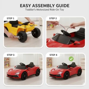 Step-by-step illustration showing the simple assembly process of a toddler's motorized ride-on toy.