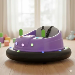 A purple 360-degree electric bumper car toy designed for toddlers with a safety belt.