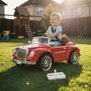 A miniature electric ride on car for 2 year olds with a safety seatbelt and parental remote control.