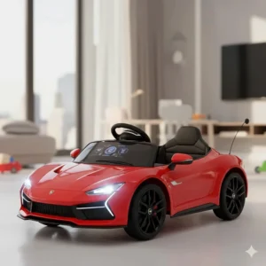 A sleek, red sports car style electric ride-on toy with LED headlights and remote access.