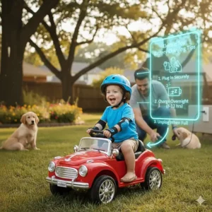 Helpful visual guide on how to safely charge the battery of a toddler’s electric ride on toy overnight.