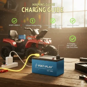 An infographic showing the proper way to connect a charger to a 12v ride on toy battery.