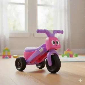 A compact, three-wheeled folding ride-on toy suitable for indoor play on hardwood floors.
