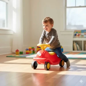 A classic red and yellow plastic push car for indoor play on hardwood floors.