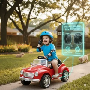Diagram showing different wheel textures for battery powered toys used on carpet versus pavement.
