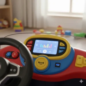 A colorful illustration of a ride-on toy dashboard featuring a music player, horn, and USB port.