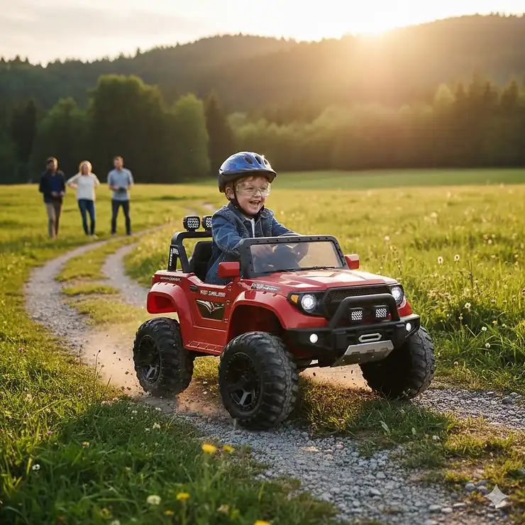 A young child driving a red 24V ride-on toy truck on a gravel path, showcasing its powerful off-road capabilities. 24v ride on toys