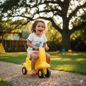 A 2 year old girl using her legs to propel a ride on toy, demonstrating gross motor skill development.