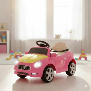 A battery-operated 6V ride-on car for toddler girls with working headlights and horn.