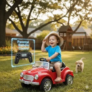 Graphic highlighting a parental remote control used to steer a battery powered toy car for a 2-year-old.