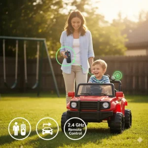 Illustration of a parent using a 2.4Ghz remote control to guide a 12V ride on truck.