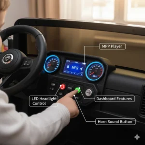 Detailed view of a 12V ride on truck dashboard with MP3 player, LED lights, and horn buttons.