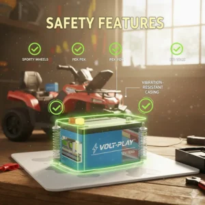 Illustration demonstrating leak-proof and vibration-resistant features of a 12v toy battery.