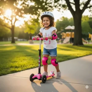 A pink three-wheel kick scooter designed for stability and balance for toddlers aged 24 months and up.
