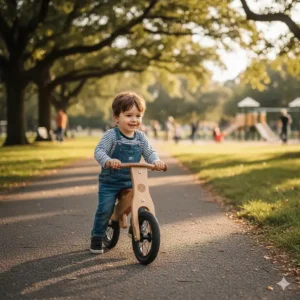 A 2 year old boy practicing coordination on a lightweight wooden balance bike without pedals.