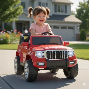 A young child driving a battery-powered electric ride-on SUV toy on a paved driveway.