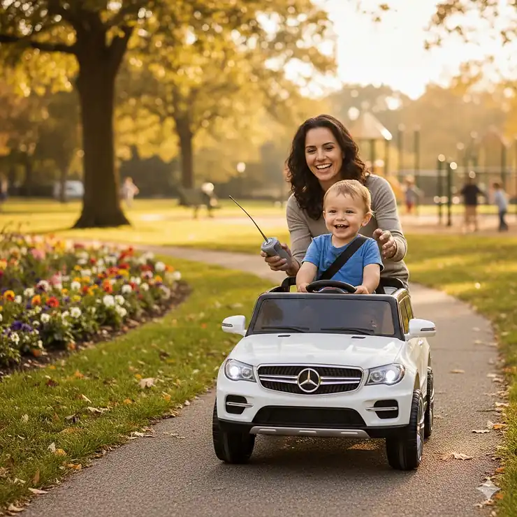 A toddler driving a white electric ride-on SUV while a parent uses a handheld remote control in a park. electric ride on toys for toddlers with remote
