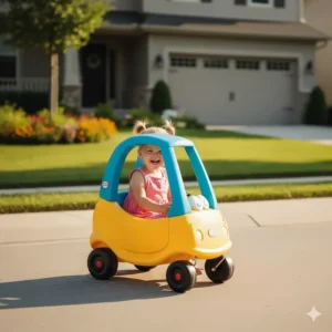 A toddler using their feet to power a bright yellow foot-to-floor toy coupe on a sidewalk.