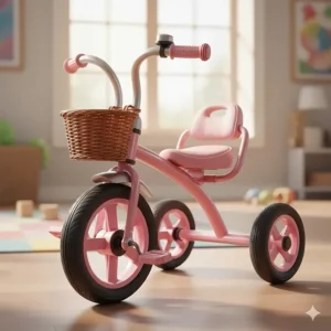 A classic pink tricycle for toddler girls with a storage basket and adjustable seat.