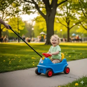 A colorful plastic push buggy for toddlers being used as a fun stroller alternative for outdoor walks.