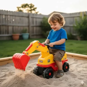 A toddler sitting on a ride-on excavator toy digging in a backyard sandbox.
