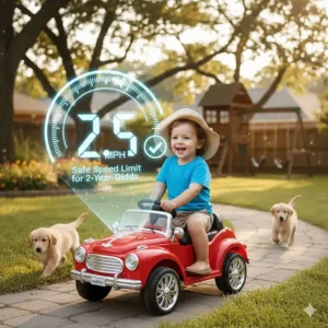 Illustration showing the recommended 2.5 mph safe speed limit for battery powered ride on toys for 2 year olds.