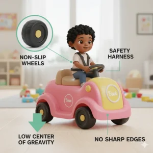 Illustration showing safety features of toddler ride-ons including low center of gravity and non-slip wheels.
