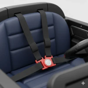 Close-up illustration of a 5-point safety seatbelt on an electric ride-on toy for toddlers.