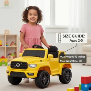 A scale illustration comparing the size of an electric ride-on truck to a 3-year-old child.