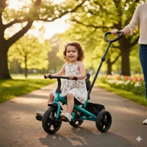 A convertible toddler tricycle featuring a tall push handle for parents to guide their 2 year old.