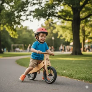 A toddler practicing coordination on a lightweight wooden balance bike in a park setting.