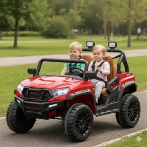 Two toddlers sitting side-by-side in a spacious 24V ride-on toy with leather seats and seatbelts.