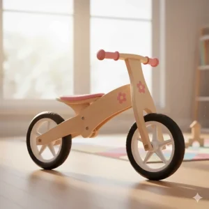 An eco-friendly wooden balance bike for girls to help develop motor skills and coordination.