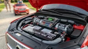 Illustration showing the 12V battery and dual motor system of a remote-controlled ride-on.