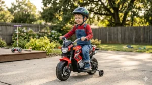 Illustration of a mini electric motorcycle for boys with training wheels for extra stability.