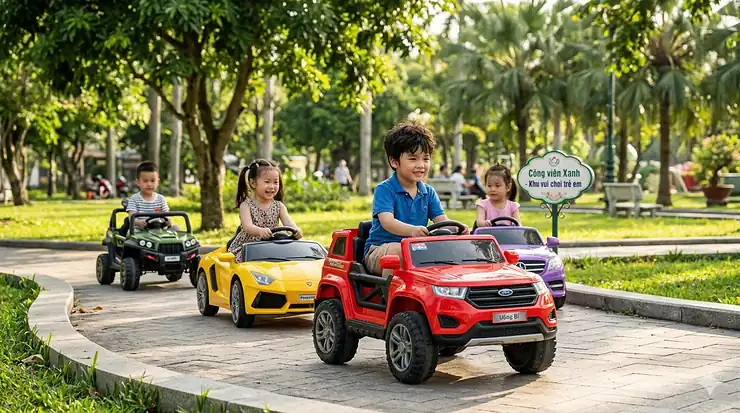 A group of happy young children aged 3 to 5 driving colorful electric ride-on toys, including a red truck and yellow sports car, through a paved park pathway on a sunny day. electric ride on toys for 3-5 year olds