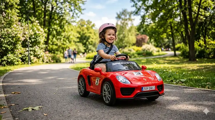 A young child safely driving a red electric ride-on car outdoors, showcasing the best electric ride-on toys for 3-year-olds. electric ride on toys for 3 year old